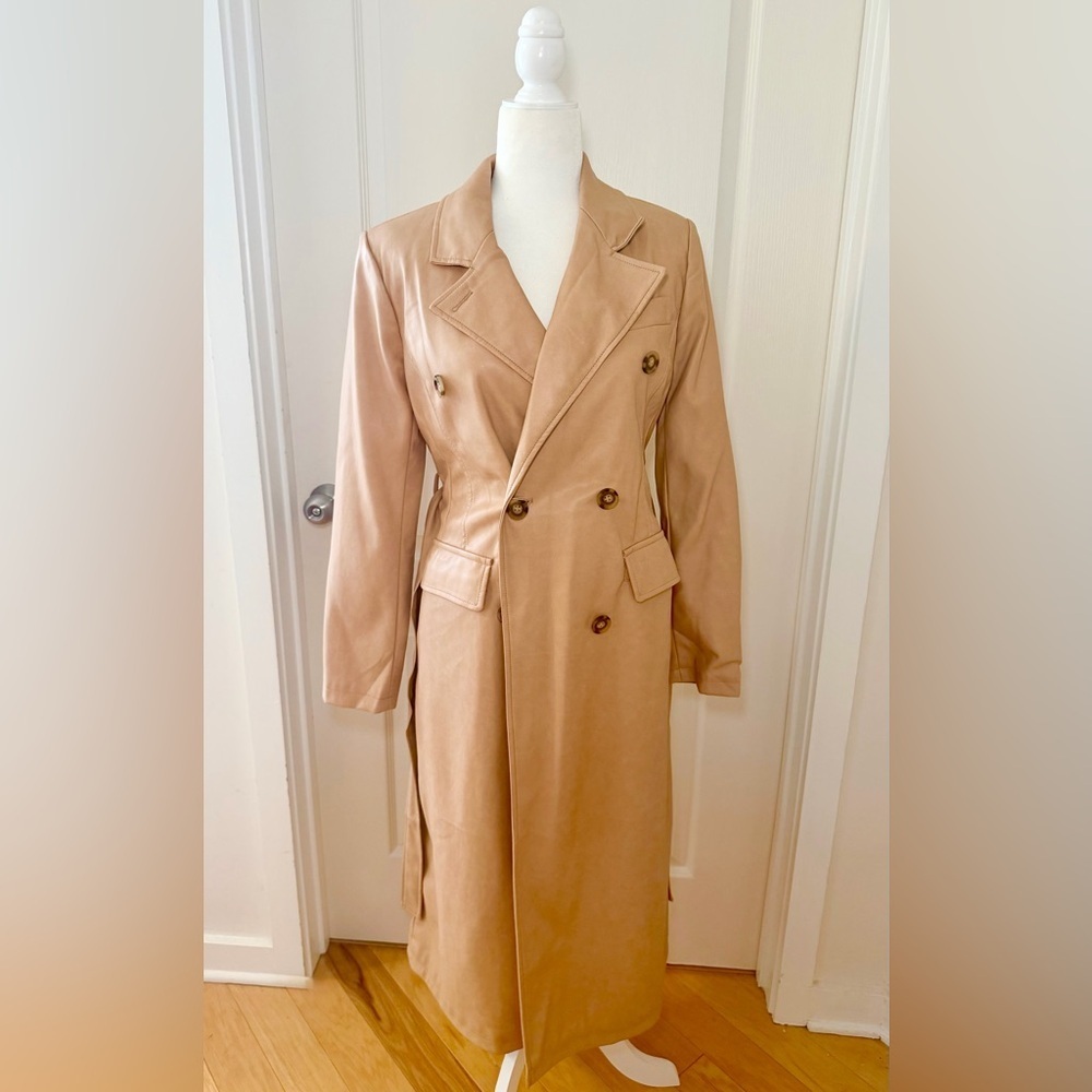 7 For All Mankind Faux Leather Trench Coat NWT Tan Belted Jacket Small